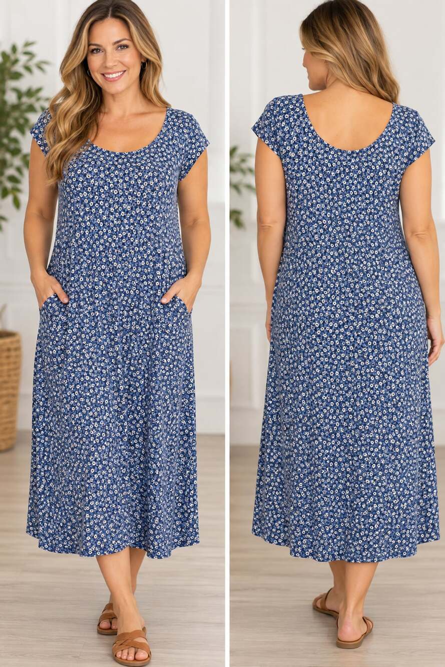 Old Navy Maxi Dress Blue Floral Pocket Crew Neck Short Sleeve